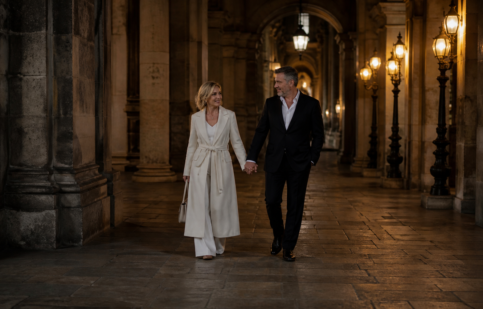 A stylish couple sharing an evening walk